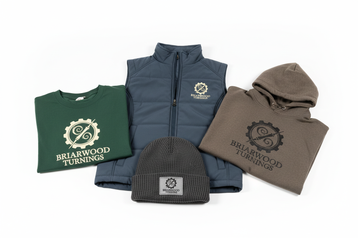 a tshirt,beeniehat,hoody and gillet jacket with the briarwood turnings logo