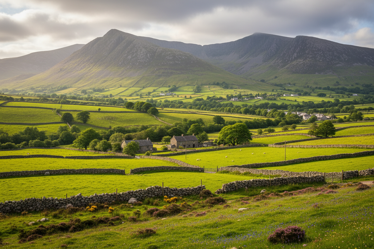 irish country side with mourn mountains in the backround