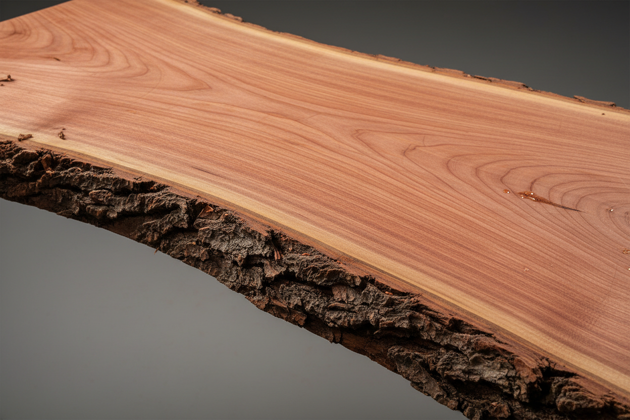 make a slab of cherry freshly cut showing the bark. paying attention to detail of grain and colour of bak and wood